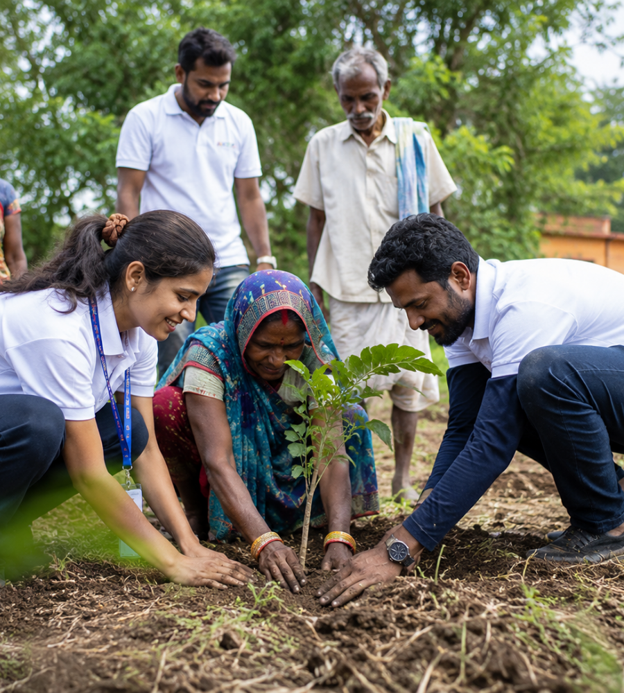 Volunteers and villagers planting saplings together