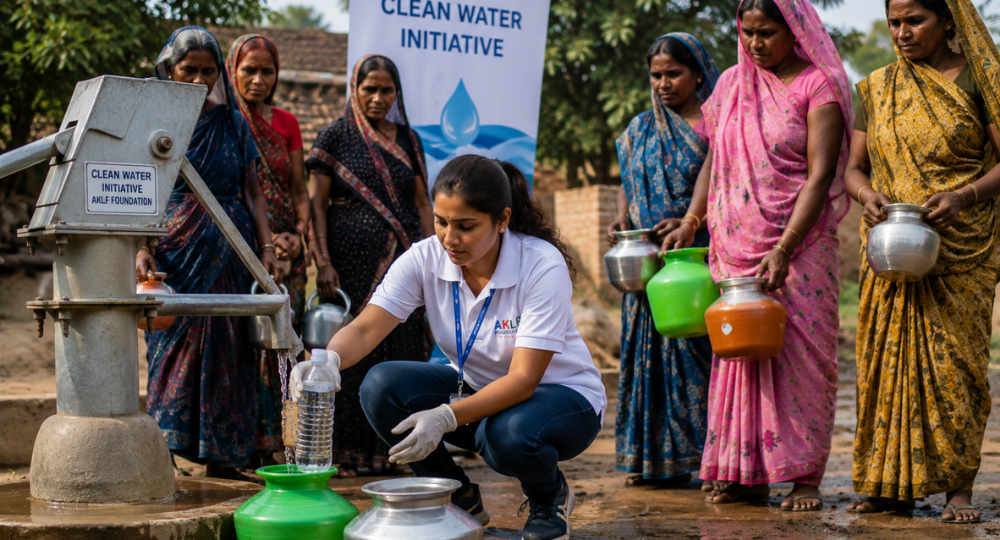 Villagers collecting clean water at handpump installation