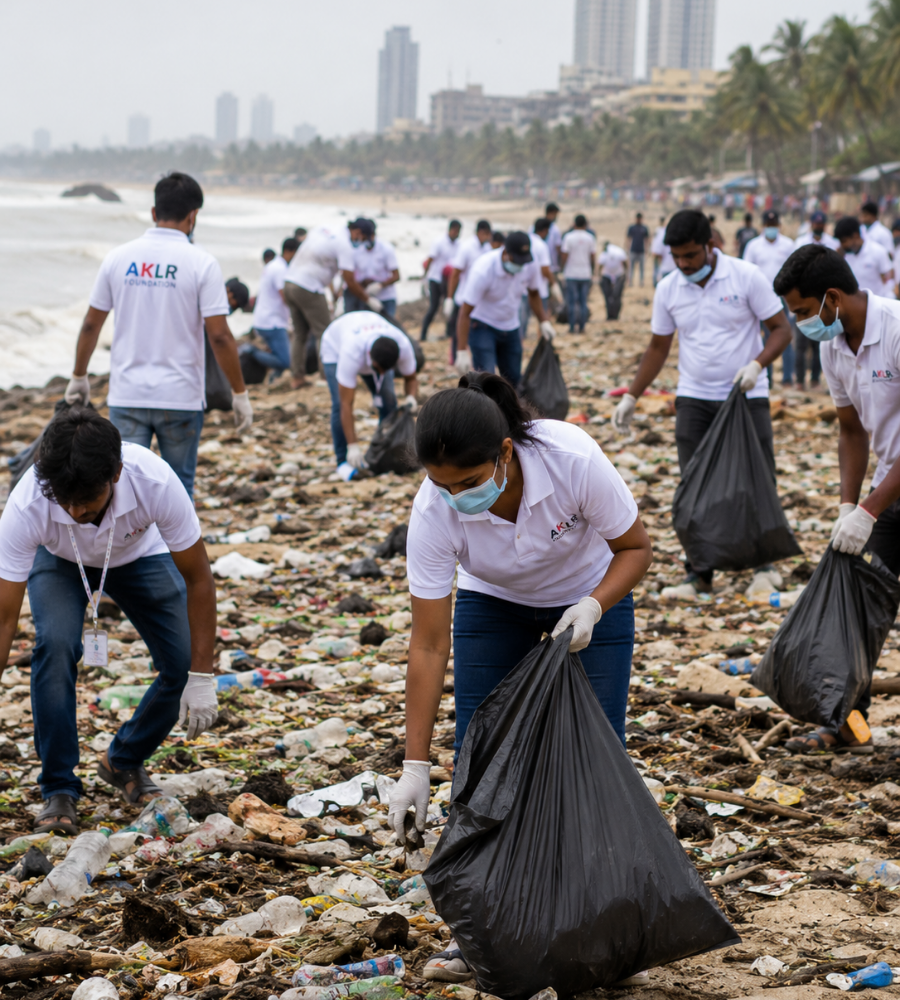 Volunteers collecting waste in large-scale beach cleanup