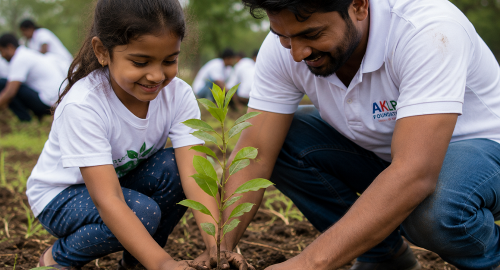 Child and volunteer nurturing a sapling with care